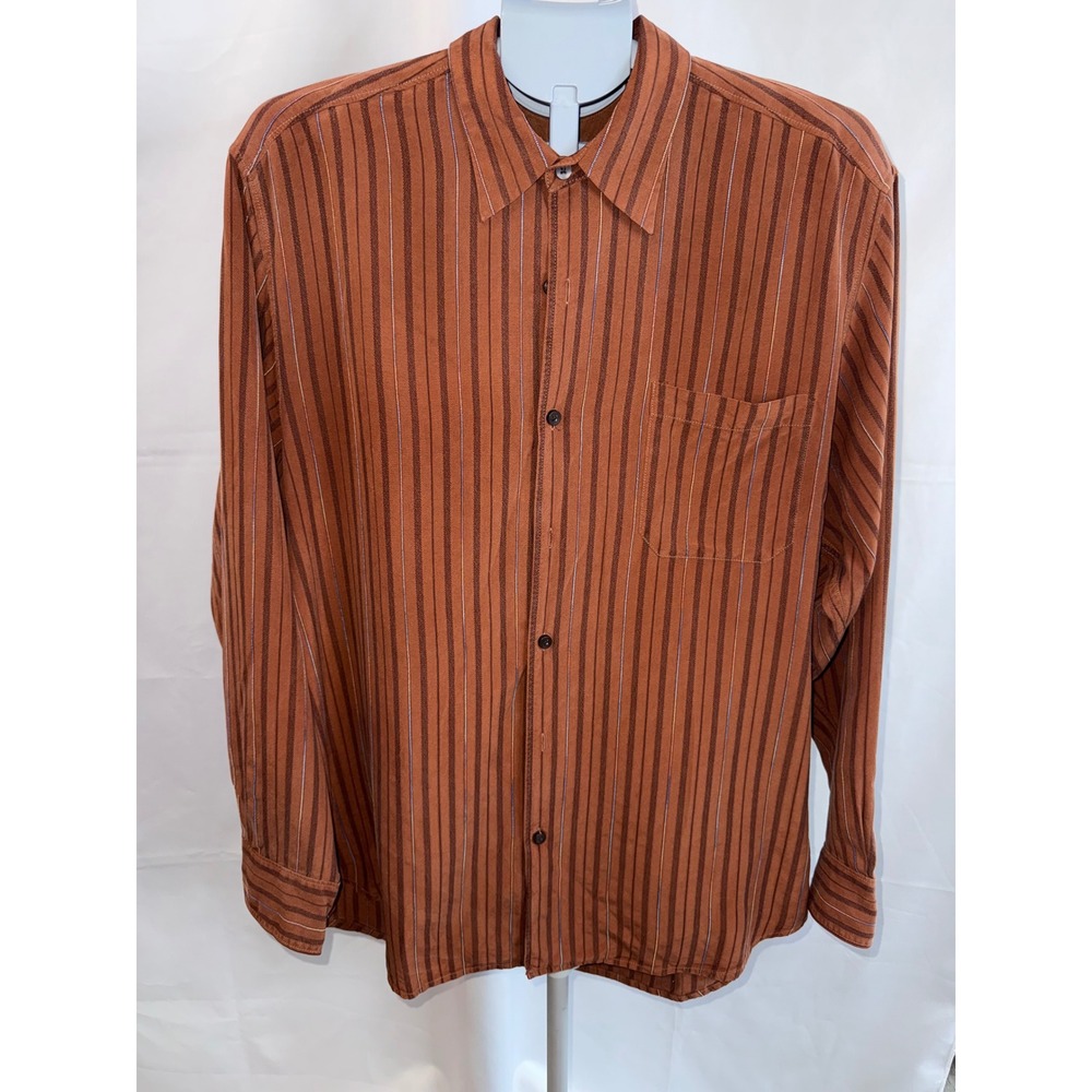 Tommy Bahama Mens Large 100% Silk Rust Orange Striped Long Sleeve Button Down